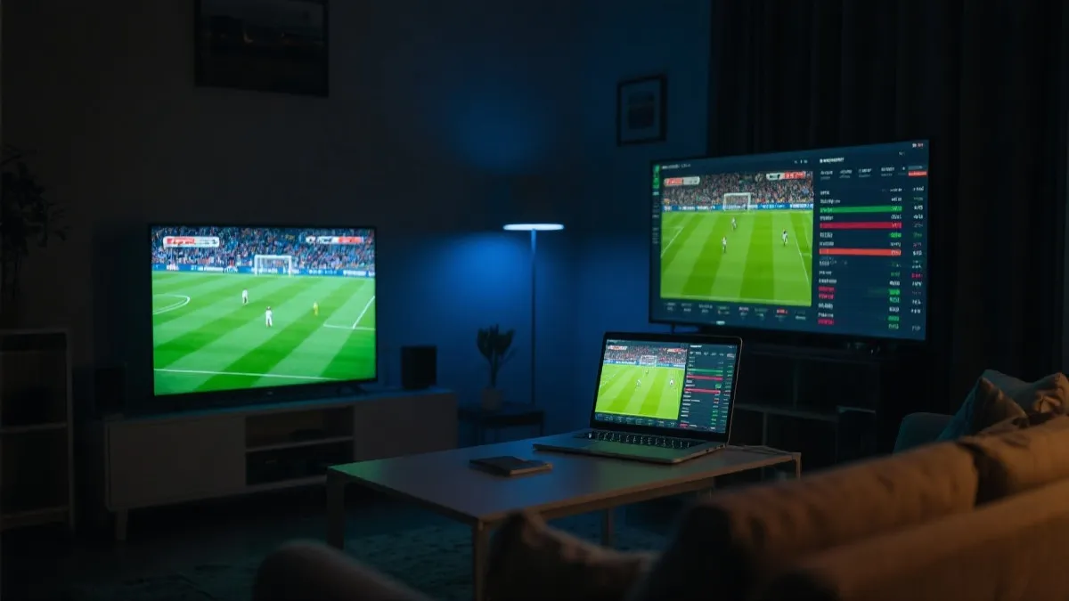 深夜电脑连接电视看球，桌面上开着赛程与数据页面，氛围灯光营造决赛夜仪式感