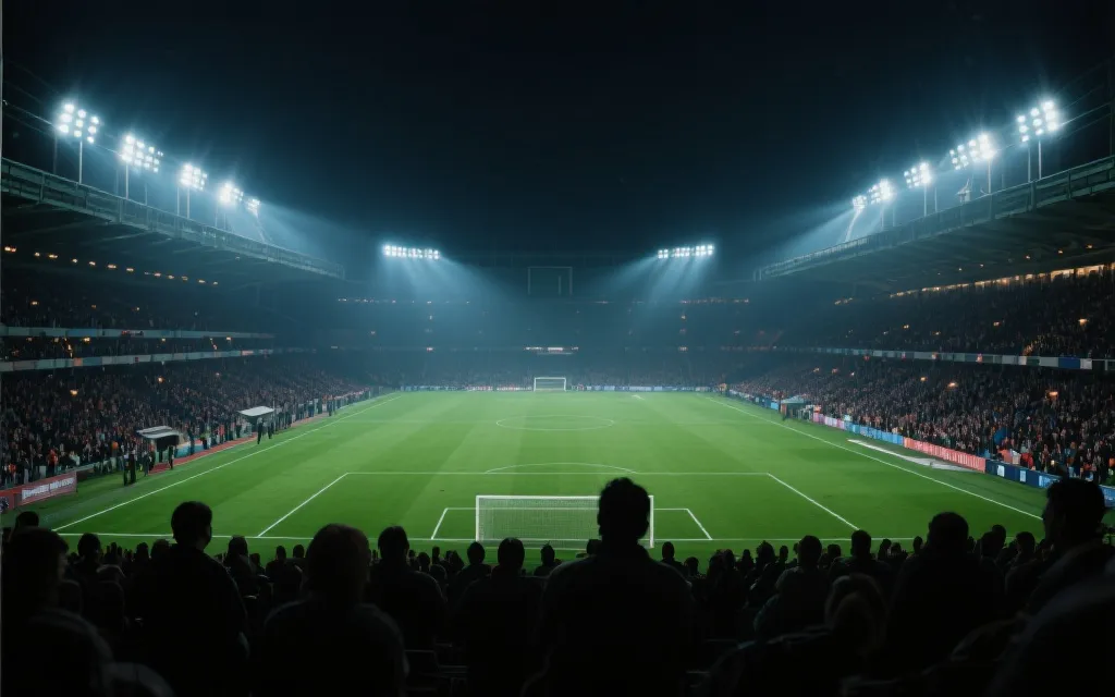 夜场球场灯光下的淘汰赛紧张氛围，观众剪影与草皮
