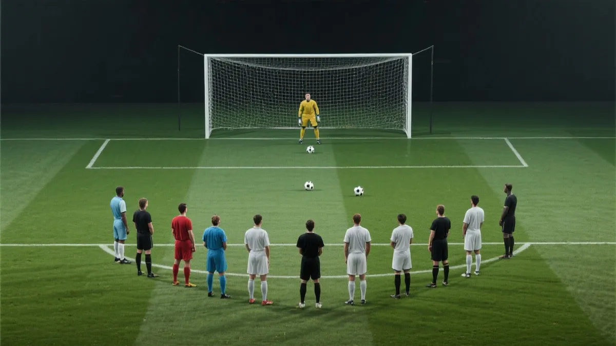 点球大战与裁判流程的紧张画面，球员站在中圈等待