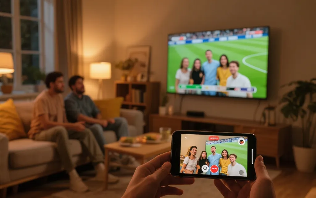 客厅中电视播放足球比赛，手机投屏与平板同步，朋友视频通话在角落