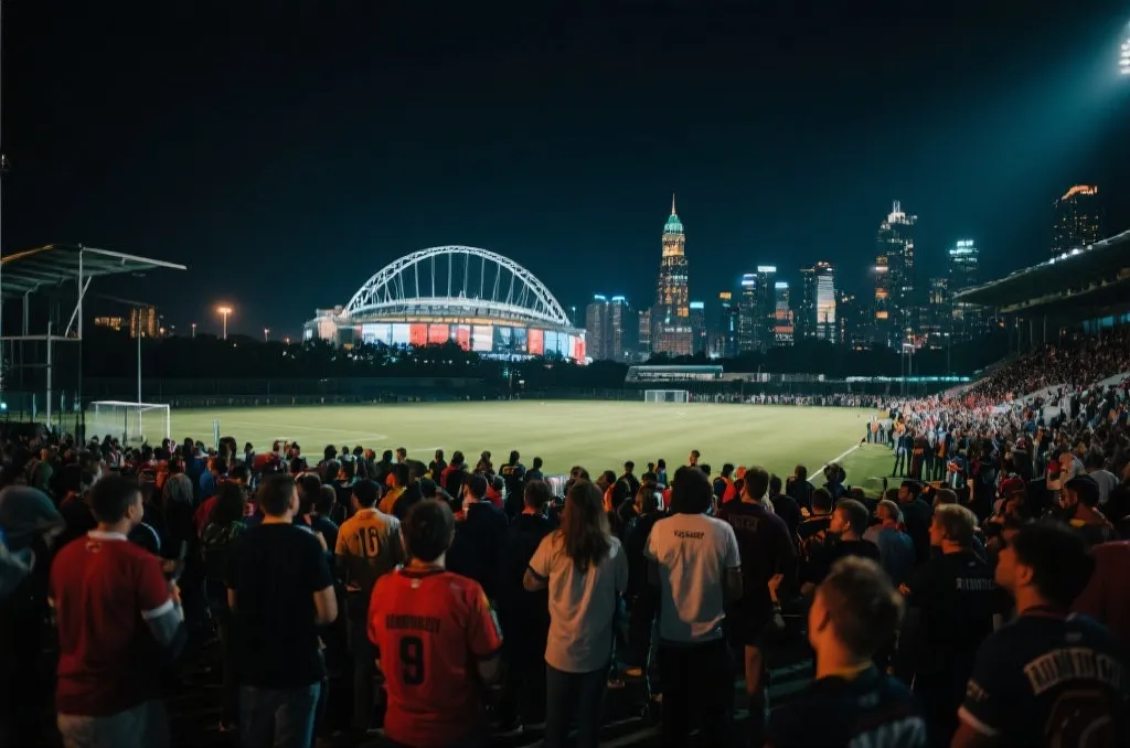 夜晚球场外的球迷人群与城市灯光,充满期待感