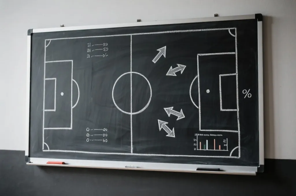 Tactical chalkboard with soccer field diagrams and percentage charts indicating team performance